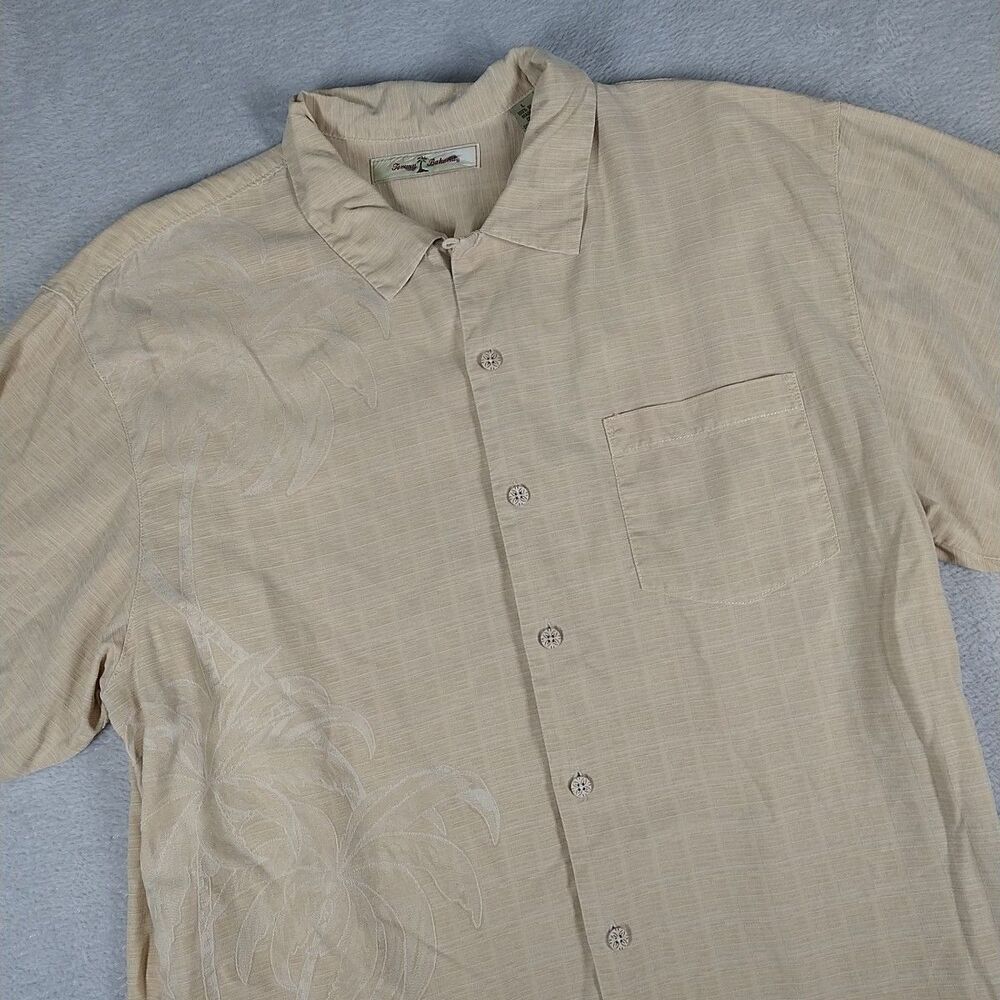 Tommy Bahama Hawaiian Shirt Mens Large Silk Palm Tree Embossed Button Up Yellow